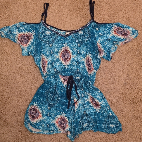 Band of Gypsies Pants - Aqua Blue Patterned Off-Shoulder Romper